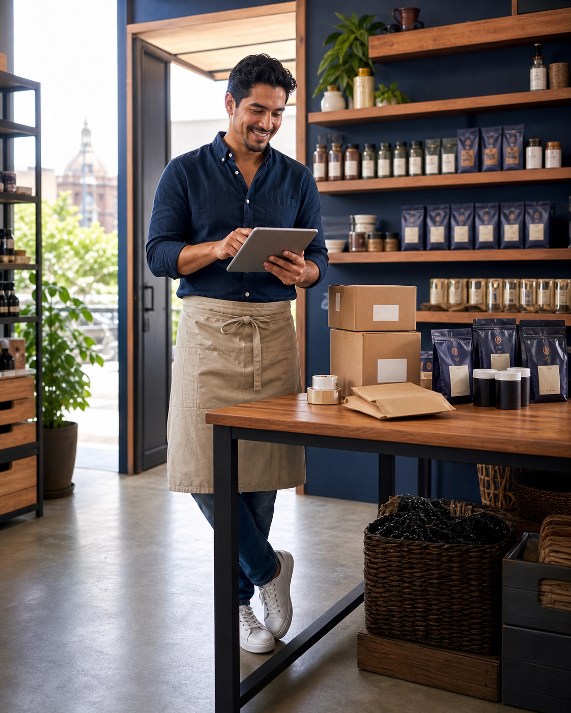 Comerciante revisando ventas por internet